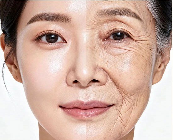 젊은 피부와 노화된 피부가 반반 나뉜 여성의 얼굴