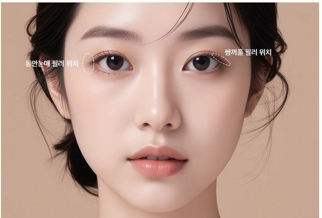 동안눈매 필러 위치 및 쌍꺼풀 필러 위치가 표시된 여성 얼굴