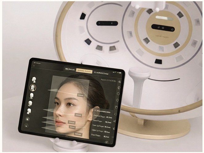 Eve Muse 3D 피부측정기 장비와 3D 얼굴 분석 화면이 표시된 태블릿