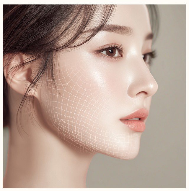 턱선에 리프팅 격자 그래픽이 표시된 여성의 옆모습 사진