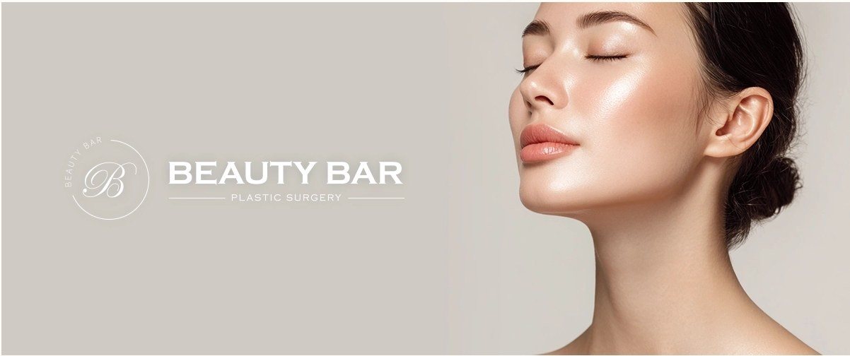 BEAUTY BAR 로고와 턱선과 목 라인을 드러낸 여성의 옆모습