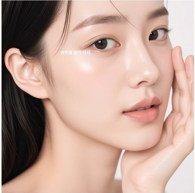 쌍꺼풀 필러 위치가 표시된 여성의 얼굴 클로즈업