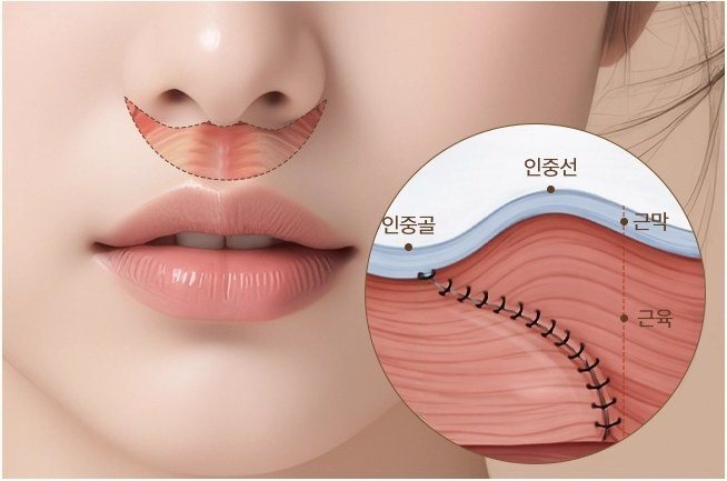 인중골 및 근육 봉합 과정을 확대한 일러스트가 포함된 여성의 하안부 사진