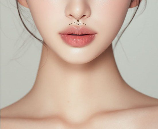 인중골 성형 가이드 라인이 표시된 여성의 하안면 및 목선