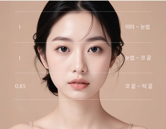 얼굴 비율 측정 가이드라인이 표시된 여성 얼굴