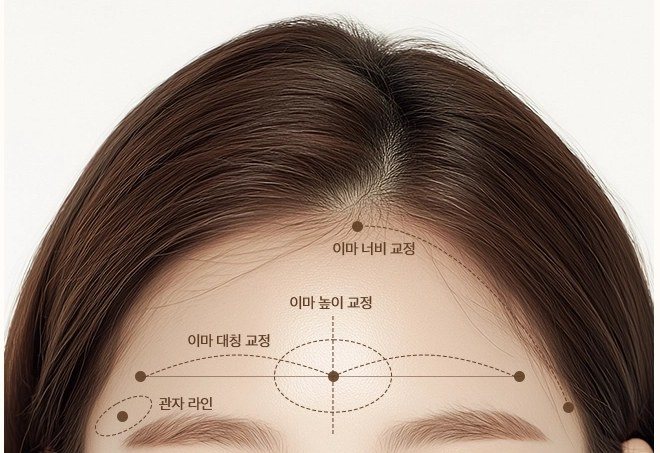 이마 너비 교정, 이마 높이 교정, 이마 대칭 교정, 관자 라인 등 이마 필러 디자인 가이드가 표시된 여성의 이마 사진
