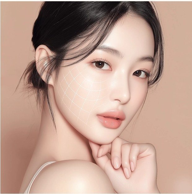 얼굴선에 리프팅 격자 가이드라인이 표시된 여성 모델 사진